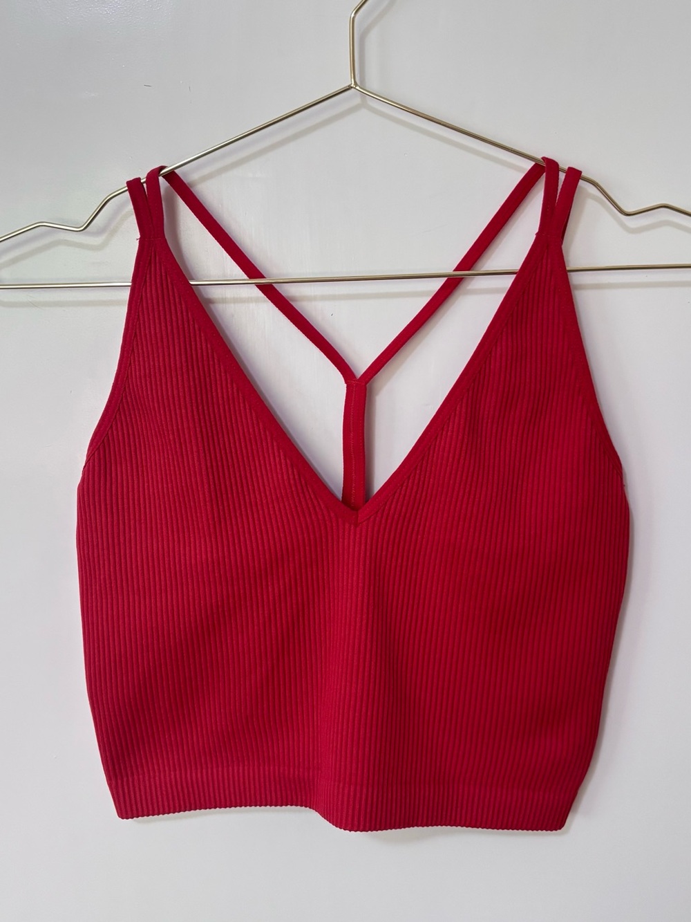 Dynamite| Rich Red Ribbed Seamless V-Neck Strappy Crop T-Back Camisole Top Sz S